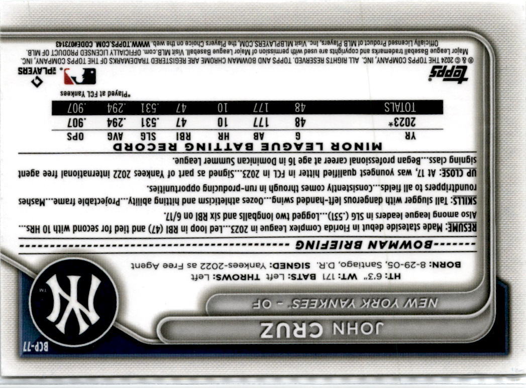 2024 Bowman #BCP-77 John Cruz New York Yankees
