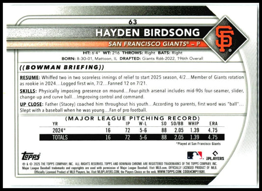2025 Bowman Chrome Red RC #63 Hayden Birdsong Rookie Giants