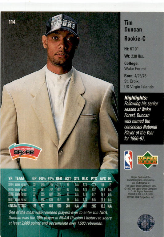 1997-98 Upper Deck #114 Tim Duncan Rookie San Antonio Spurs
