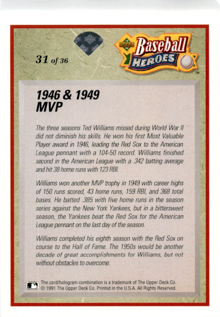 1992 Upper Deck Baseball Heroes #31 Ted Williams Boston Red Sox