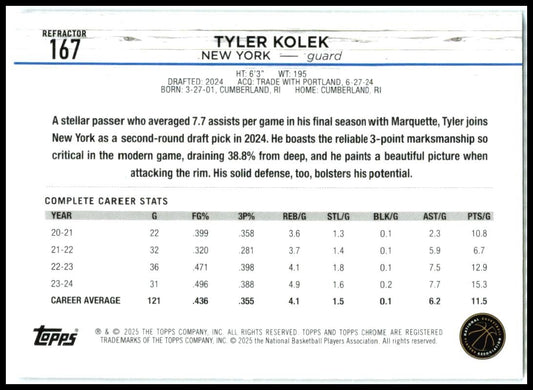 2024-25 Topps Chrome Refractor #167 Tyler Kolek Rookie New York Knicks