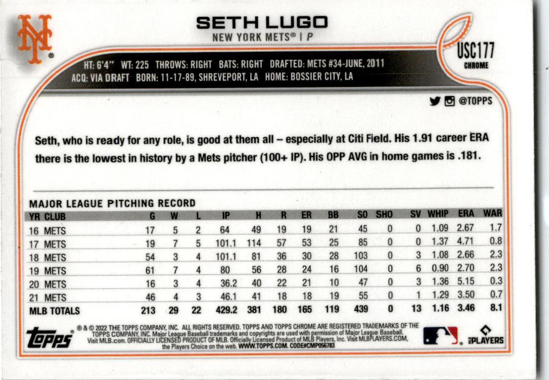 2022 Topps Chrome Update Purple Refractor #USC177 Seth Lugo New York Mets