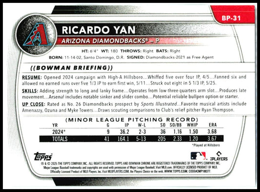 2025 Bowman Prospects #BP-31 Ricardo Yan Arizona Diamondbacks