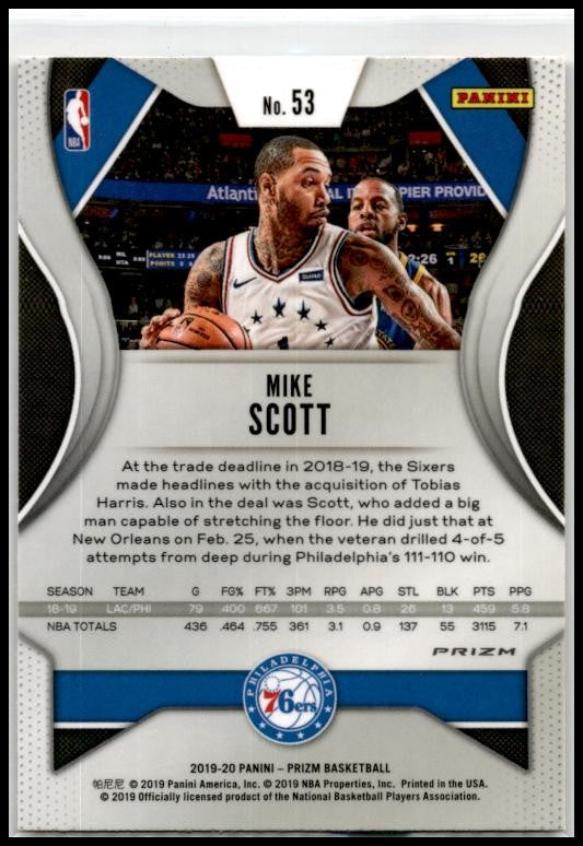 2019-20 Panini Prizm Prizms Orange Ice #53 Mike Scott Philadelphia 76ers