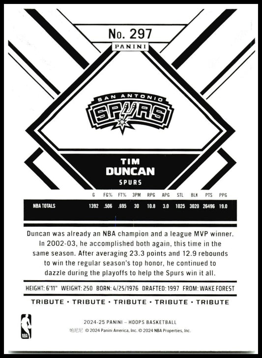 2024-25 Hoops Winter Purple #297 Tim Duncan San Antonio Spurs