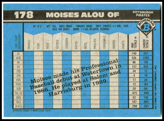1990 Bowman #178 Moises Alou Rookie Pittsburgh Pirates
