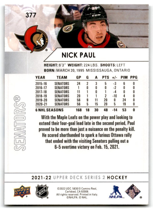 2021-22 Upper Deck Nick Paul Ottawa Senators #377