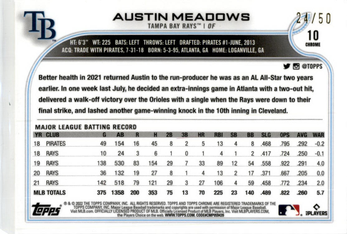 2022 Topps Gold Lava #152 Austin Meadows Tampa Bay Rays
