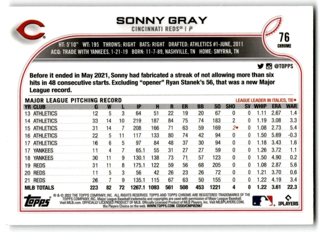 2022 Topps Chrome Sonny Gray Cincinnati Reds #76