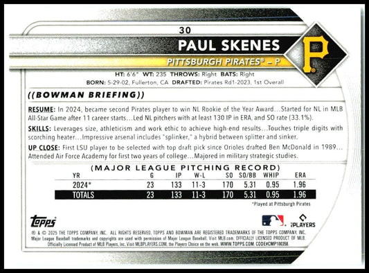 2025 Bowman #30 Paul Skenes Pittsburgh Pirates