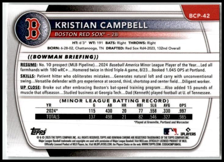 2025 Bowman Chrome Prospects #BCP-42 Kristian Campbell Boston Red Sox