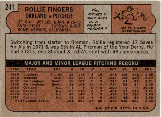 1972 Topps #241 Rollie Fingers Oakland Athletics