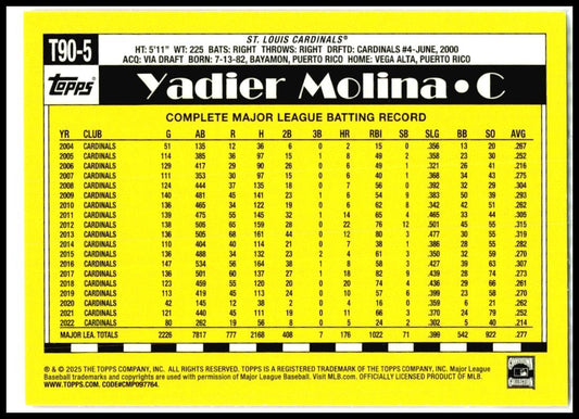 2025 Topps 1990 Topps 35th Anniversary #T90-5 Yadier Molina St. Louis Cardinals