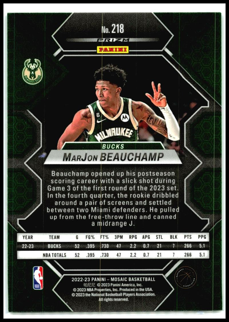 2022-23 Panini Mosaic Green #218 MarJon Beauchamp Rookie Milwaukee Bucks