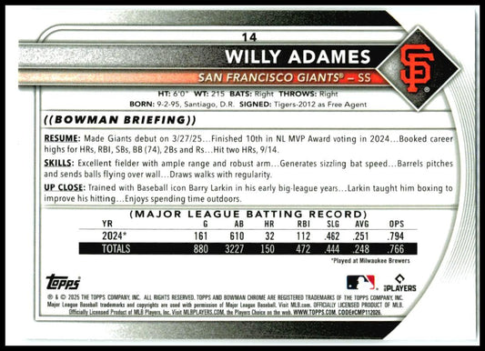 2025 Bowman #14 willy Adames Giants