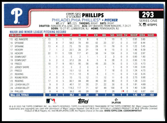 2025 Topps #293 Tyler Phillips Rookie Philadelphia Phillies