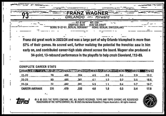 2024-25 Topps Chrome Green Refractor #93 Franz Wagner #/99 Orlando Magic