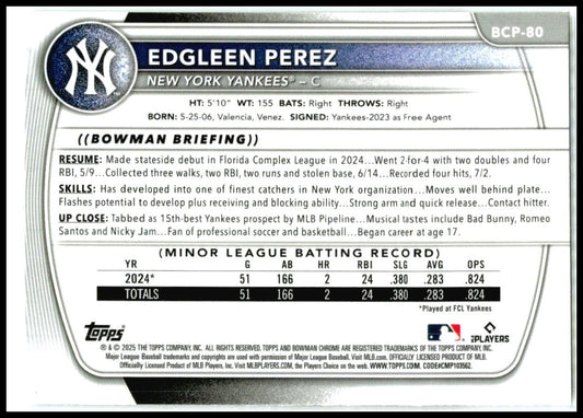 2025 Bowman Chrome Prospects Mojo Refractor #BCP-80 Edgleen Perez Yankees
