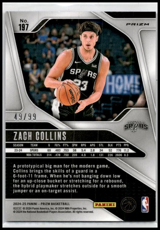 2024-25 Panini Prizm Prizms Blue Pulsar #197 Zach Collins #/99 San Antonio Spurs