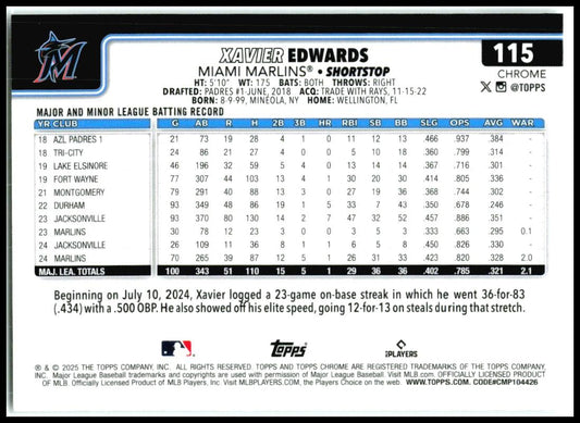 2025 Topps Chrome #115 Xavier Edwards Miami Marlins