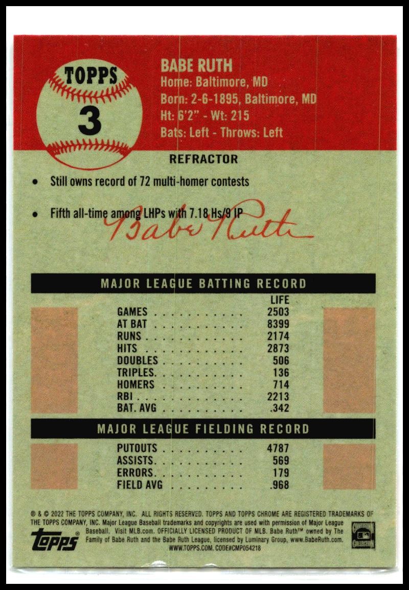 2022 Topps Chrome Platinum Anniversary Refractor #3 Babe Ruth Boston Red Sox