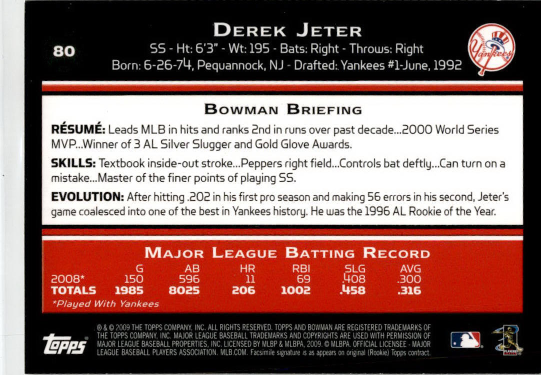 2009 Bowman #80 Derek Jeter New York Yankees