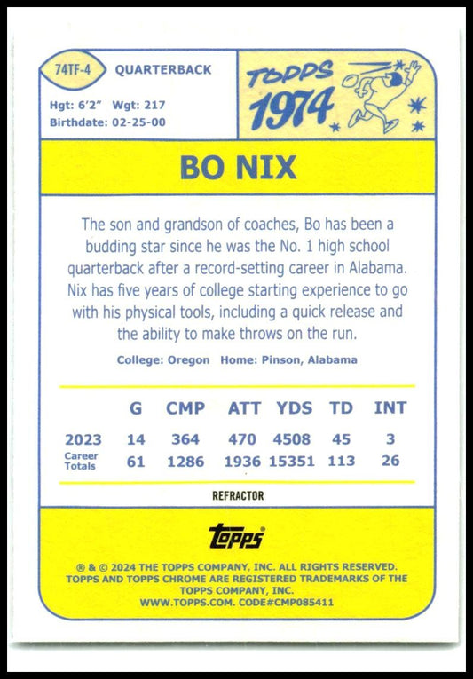 2024 Topps Chrome 1974 Topps Football #74TF-4 Bo Nix Denver Broncos