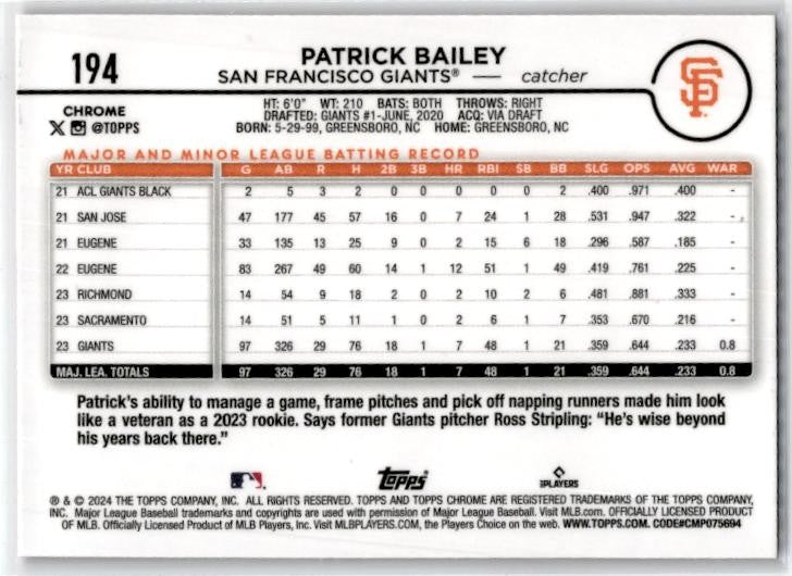 2024 Topps Chrome Pink Refractors #194 Patrick Bailey San Francisco Giants