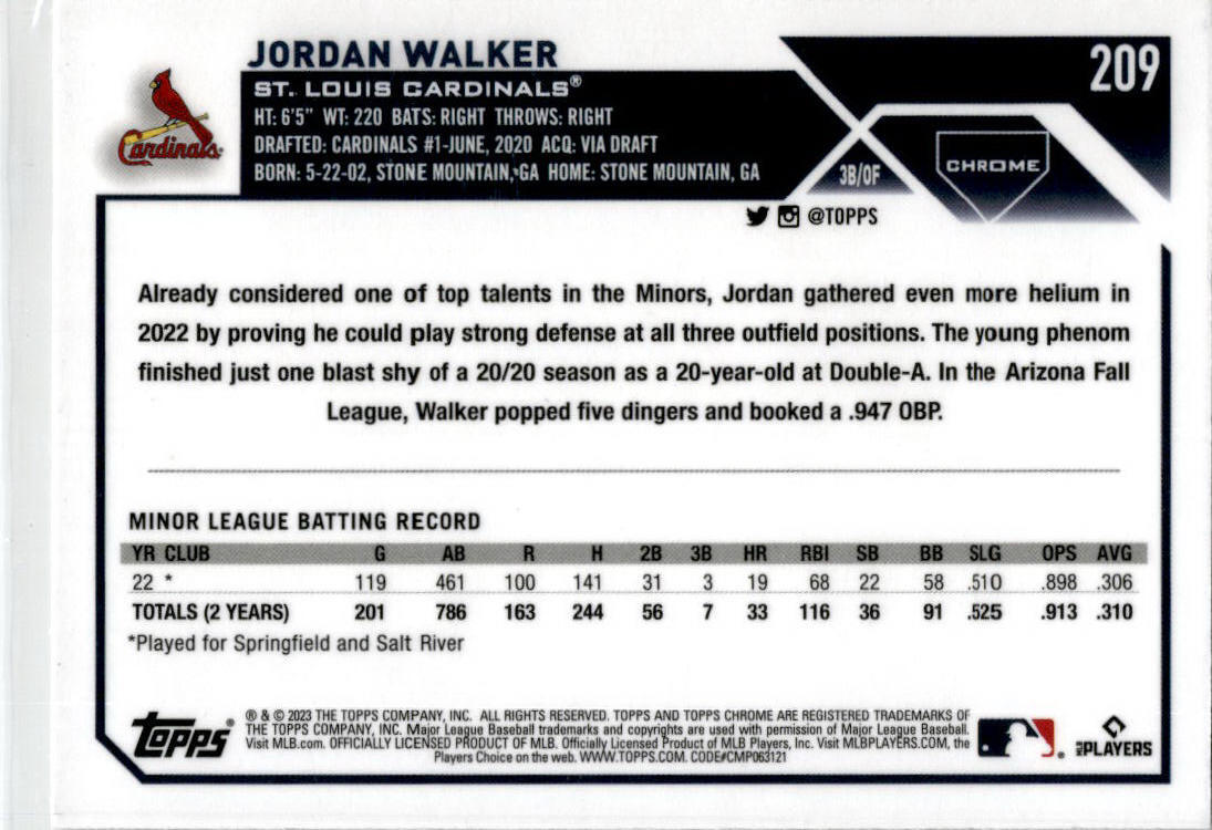 2023 Topps Chrome Prism Refractor #209 Jordan Walker St. Louis Cardinals