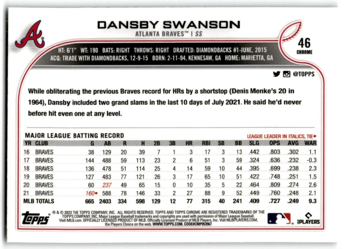 2022 Topps Chrome Dansby Swanson Atlanta Braves #46