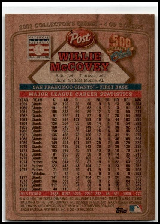 2001 Topps Post Cereal 500 Home Run Club #4 Willie McCovey San Francisco Giants