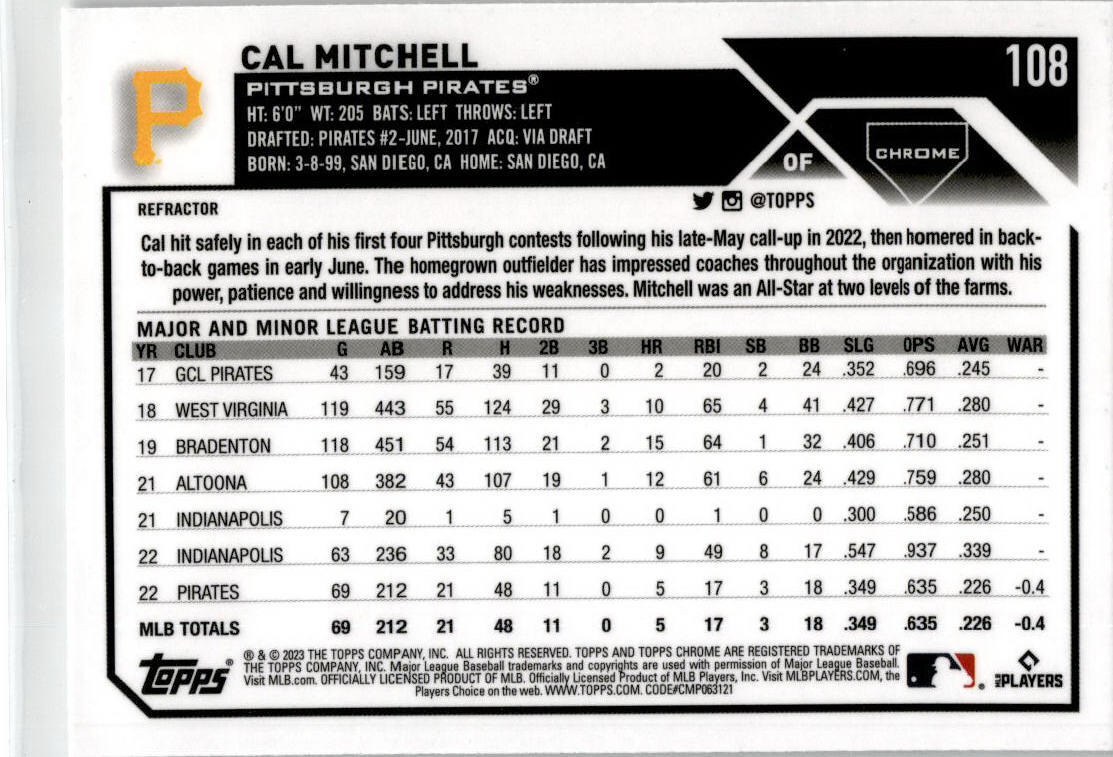 2023 Topps Refractor #313 Cal Mitchell Pittsburgh Pirates