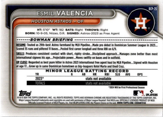 2024 Bowman Chrome #BCP-75 Esmil Valencia Houston Astros