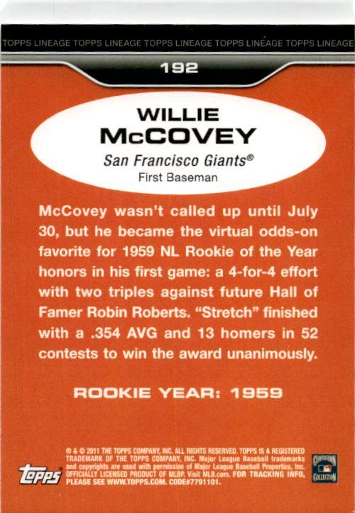 2011 Topps Lineage Diamond Anniversary Refractors #192 Willie McCovey Giants