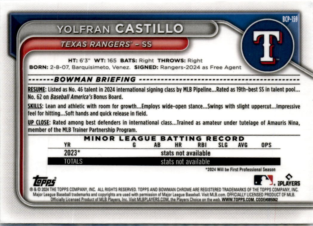 2024 Bowman Chrome #BCP-159 Yolfran Castello Texas Rangers
