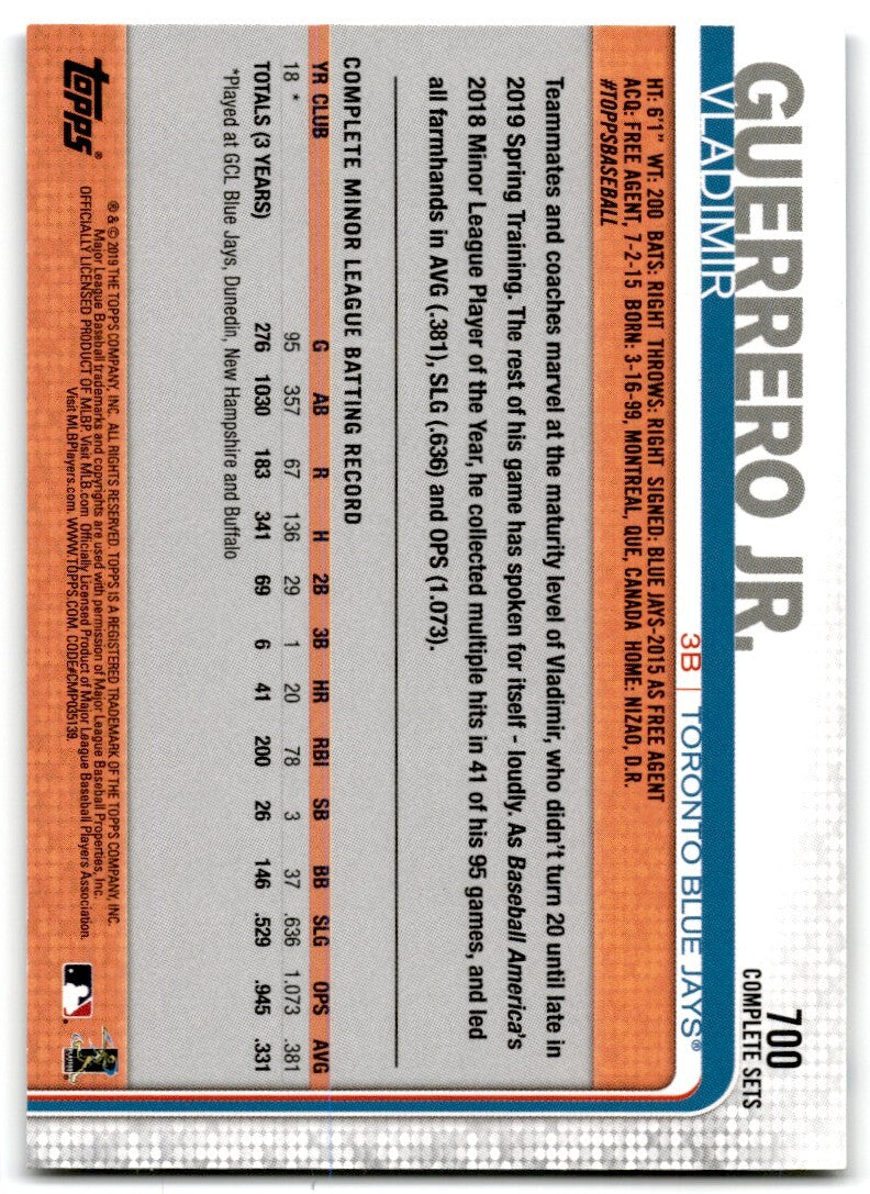 2019 Topps Complete Sets Fielding Vladimir Guerrero Jr. Toronto Blue Jays #700