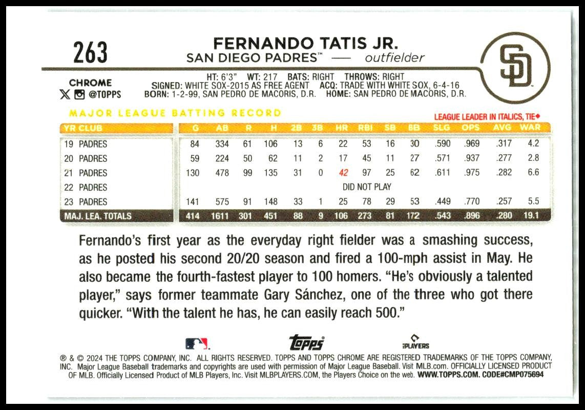 2024 Topps Chrome #263 Fernando Tatis Jr. San Diego Padres