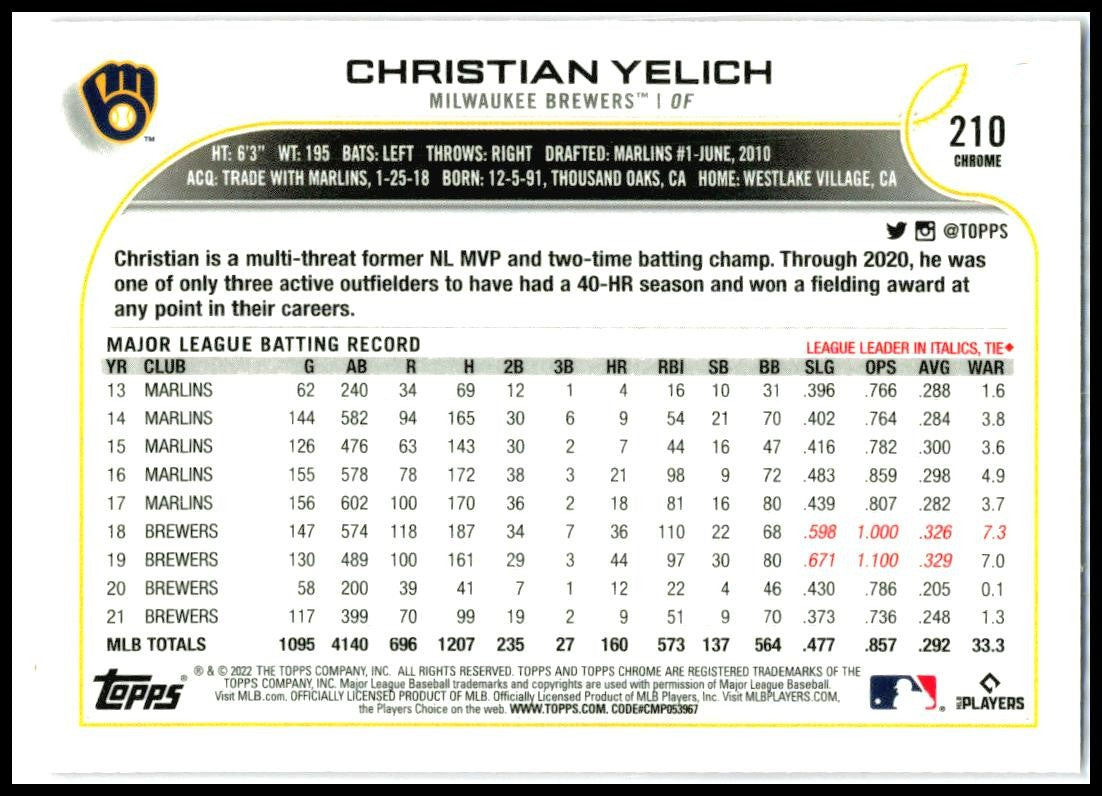 2022 Topps Chrome Pink Refractor #210 Christian Yelich Milwaukee Brewers