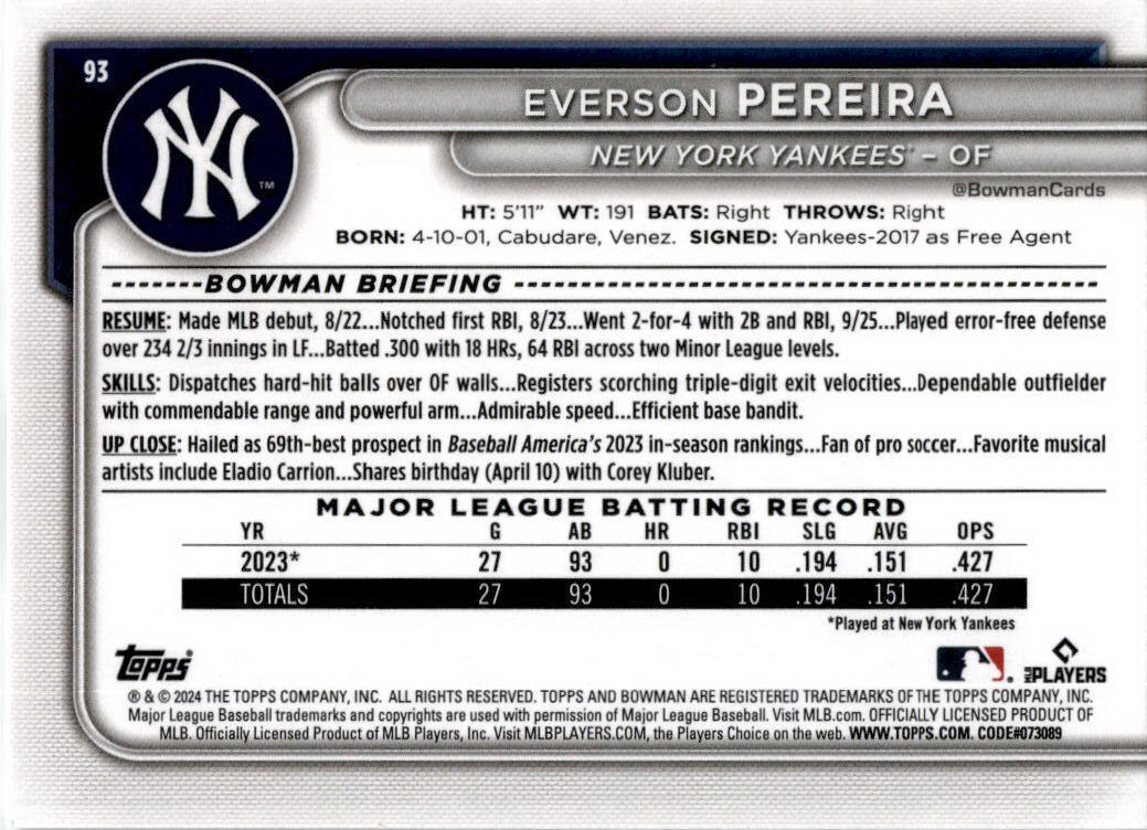 2024 Bowman #93 Everson Pereira Rookie New York Yankees