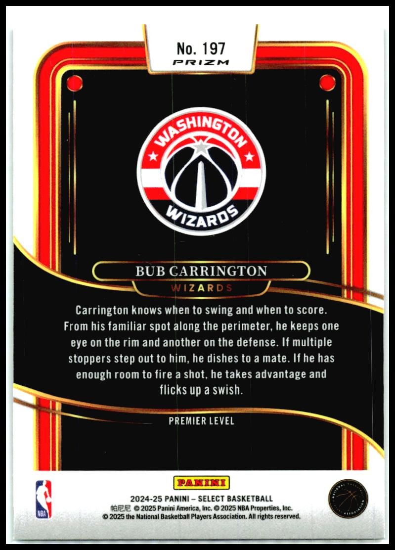 2024-25 Select Green White Purple Prizm #197 Bub Carrington Rookie Wizards