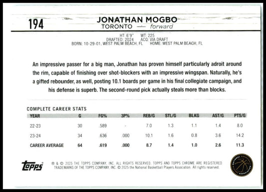 2024-25 Topps Chrome Topps Green Refractor #194 Jonathan Mogbo Rookie Raptors
