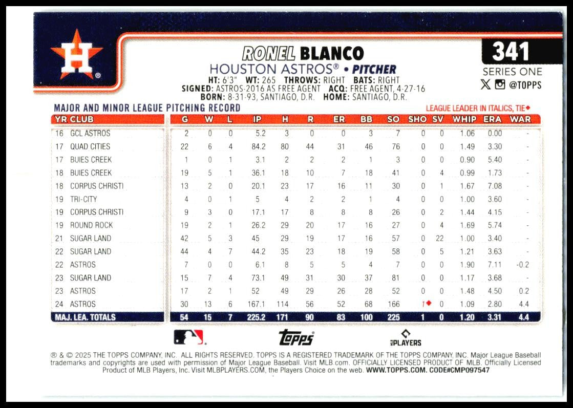 2025 Topps Rainbow Foil #341 Ronel Blanco Houston Astros