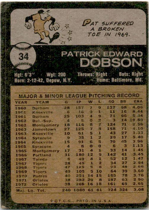 1973 Topps #34 Pat Dobson Baltimore Orioles