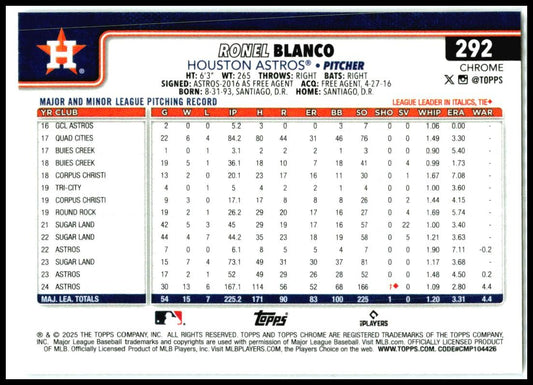2025 Topps Raywave #292 Ronel Blanco Houston Astros