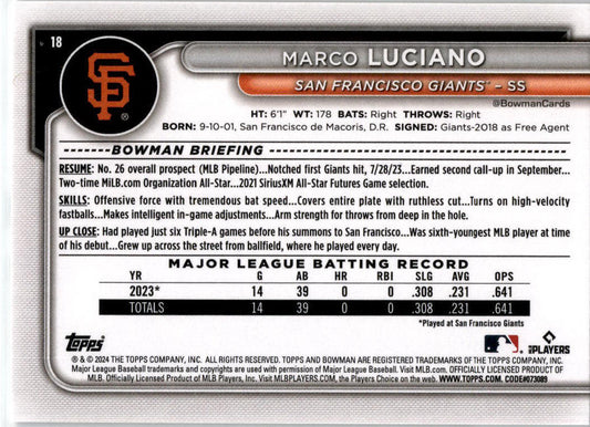 2024 Bowman #18 Marco Luciano Rookie San Francisco Giants