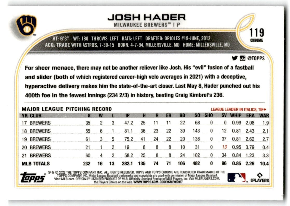 2022 Topps Chrome X-Factor Josh Hader Milwaukee Brewers #119