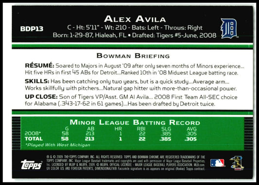 2009 Bowman Draft Picks & Prospects Chrome #BDP13 Alex Avila Rookie Tigers
