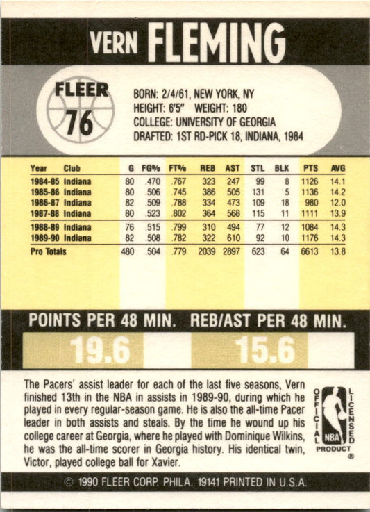 1990 Fleer #76 Vern Fleming Indiana Pacers.