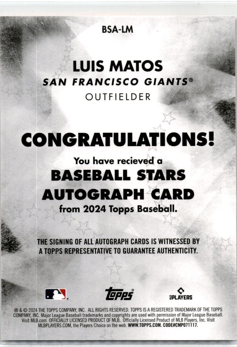 2024 Topps Baseball Stars Auto #BSA-LM Luis Matos Auto San Francisco Giants