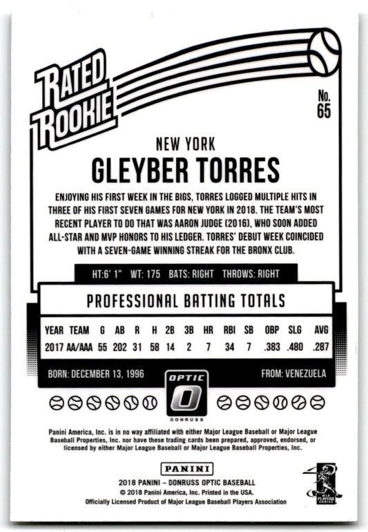 2018 Donruss Optic Gleyber Torres Rookie New York Yankees #65